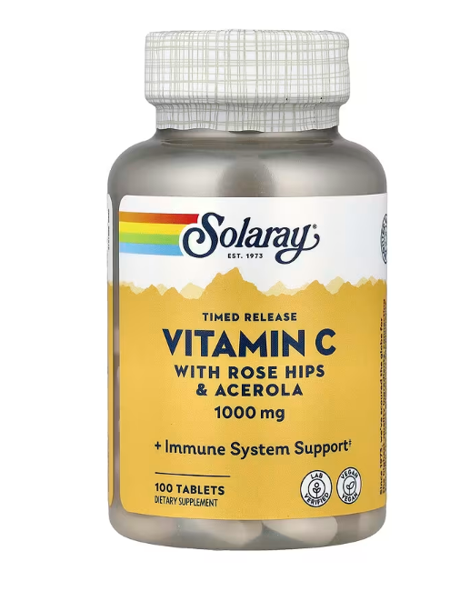 Solaray, Timed Release Vitamin C with Rose Hip & Acerola, 1,000 mg, 100 Tablets Solaray, Timed Release Vitamin C with Rose Hip & Acerola, 1,000 mg, 100 Tablets - Image 1