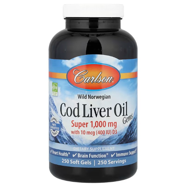healthkoto-product-CAR-CO250 Carlson Labs, Wild Norwegian Cod Liver Oil Gems, Super, 1,000 mg, 250 Soft Gels - Image 1