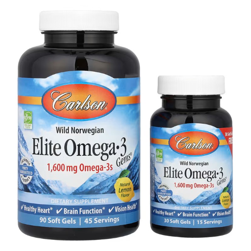 healthkoto-product-CAR-EO120 Carlson, Wild Norwegian, Elite Omega-3 Gems®, Natural Lemon, 120 Soft Gels - Image 1