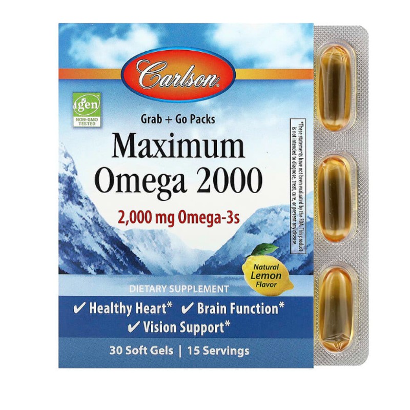 healthkoto-product-CAR-NL030 Carlson, Maximum Omega 2000, Natural Lemon, 2,000 mg, 30 Soft Gels (1,000 mg per Soft Gel) - Image 1