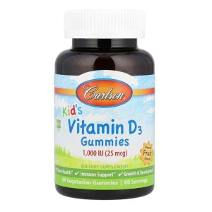 Carlson, Kid's, Vitamin D3 Gummies, Natural Fruit, 25 mcg (1,000 IU), 60 Vegetarian Gummies