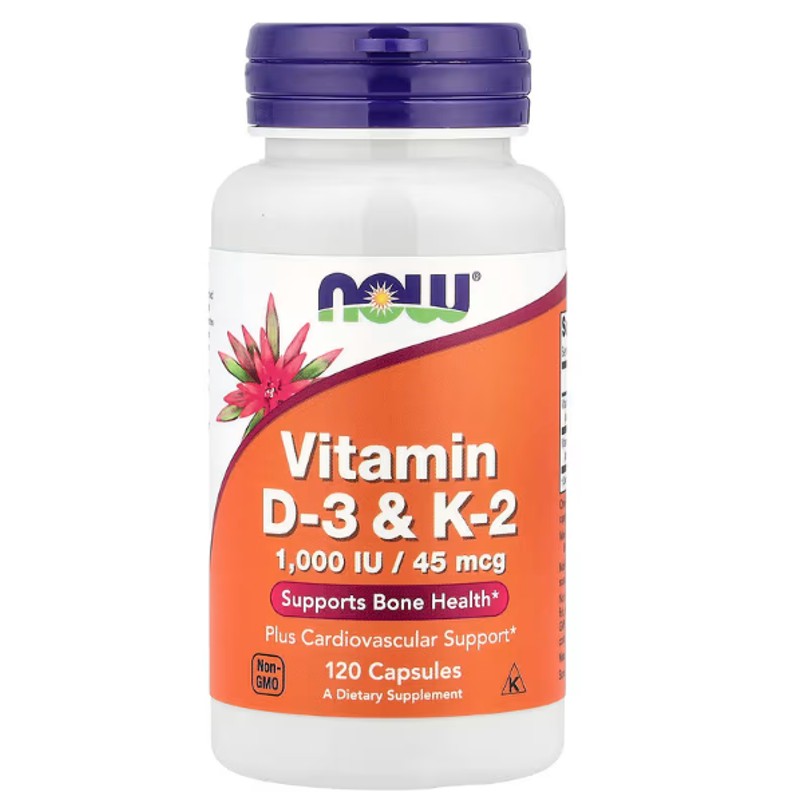 healthkoto-product-NOW-DK120 Now Foods, Vitamin D-3 & K-2, 1,000 IU / 45 mcg, 120 Veg Capsules - Image 1