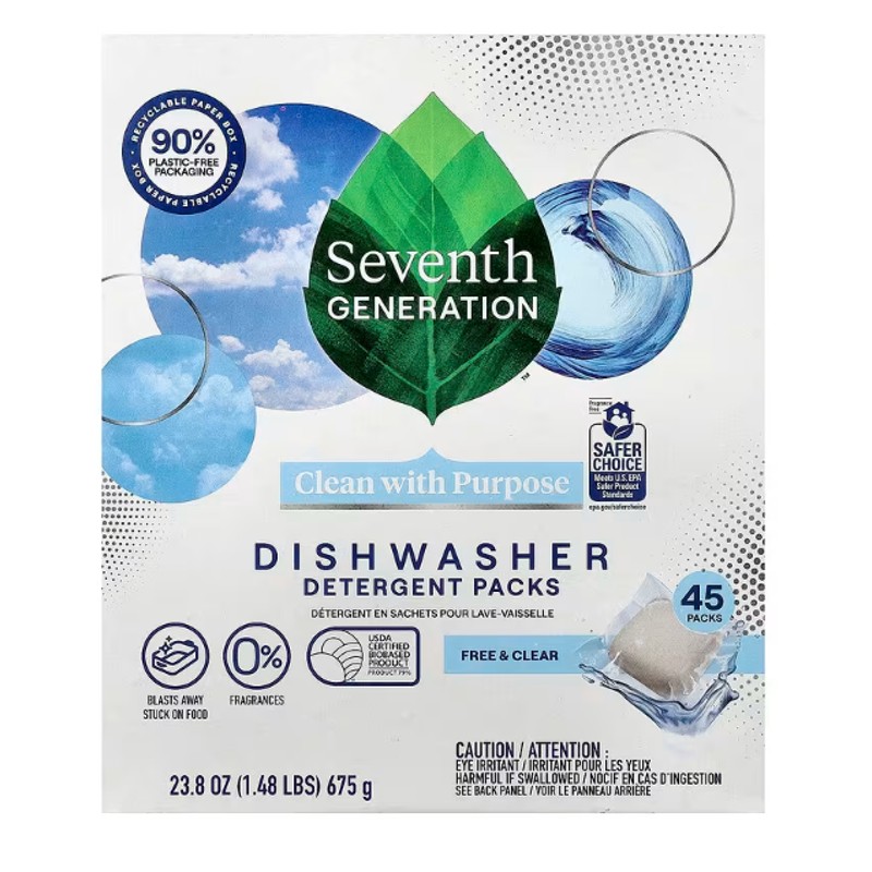 healthkoto-product-SEV-DD675 Seventh Generation, Dishwasher Detergent Packs, Free & Clear, 45 Packs, 23.8 oz (675 g) - Image 1